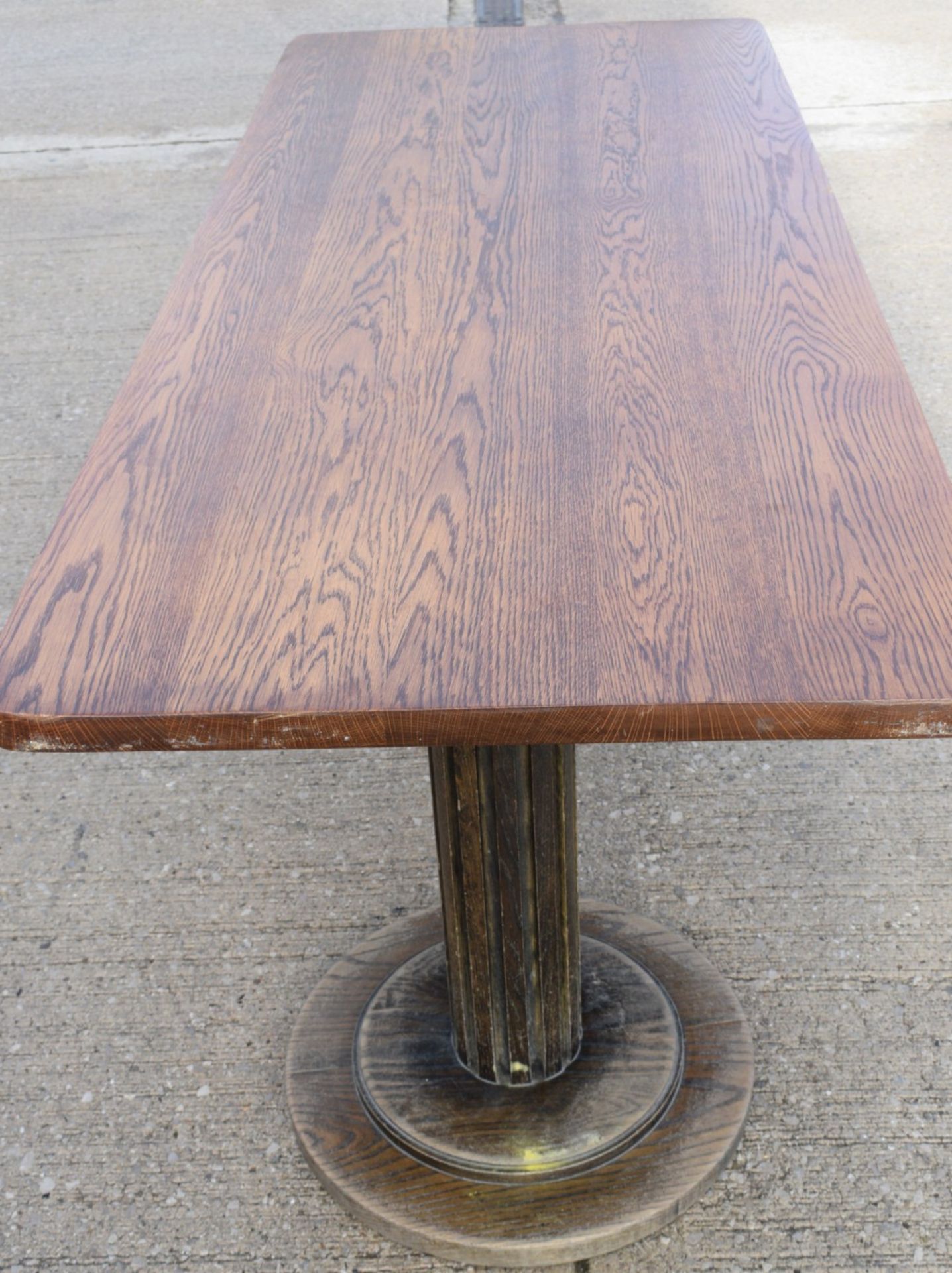1 x Restaurant Dining Table - Rectangular Oak Top with Wooden Twin Column Pedestal Base - Image 6 of 9