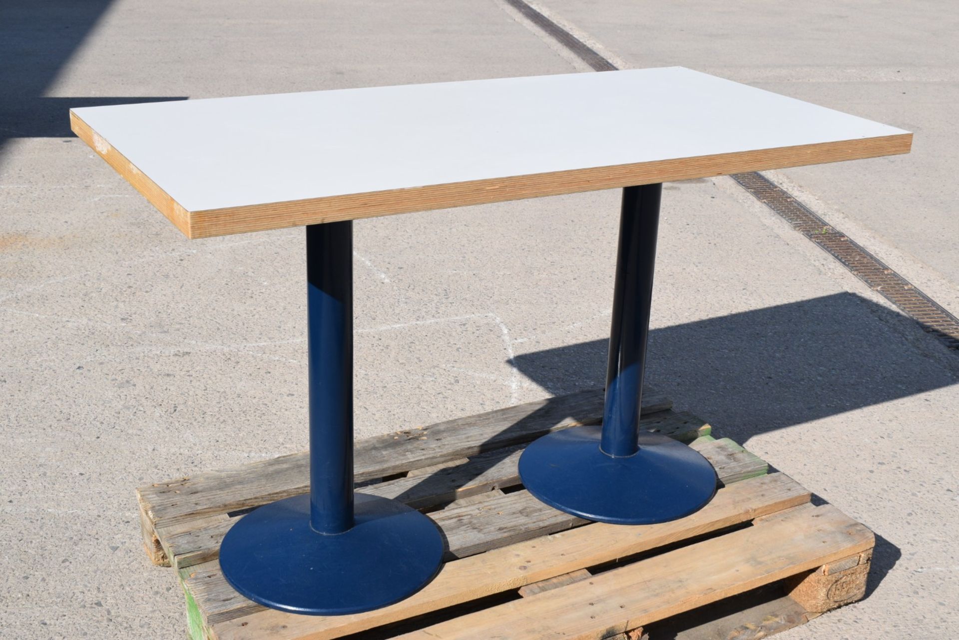 1 x Rectangular Restaurant Dining Table Featuring a White Wooden Top and Twin Pedestals - Image 4 of 8