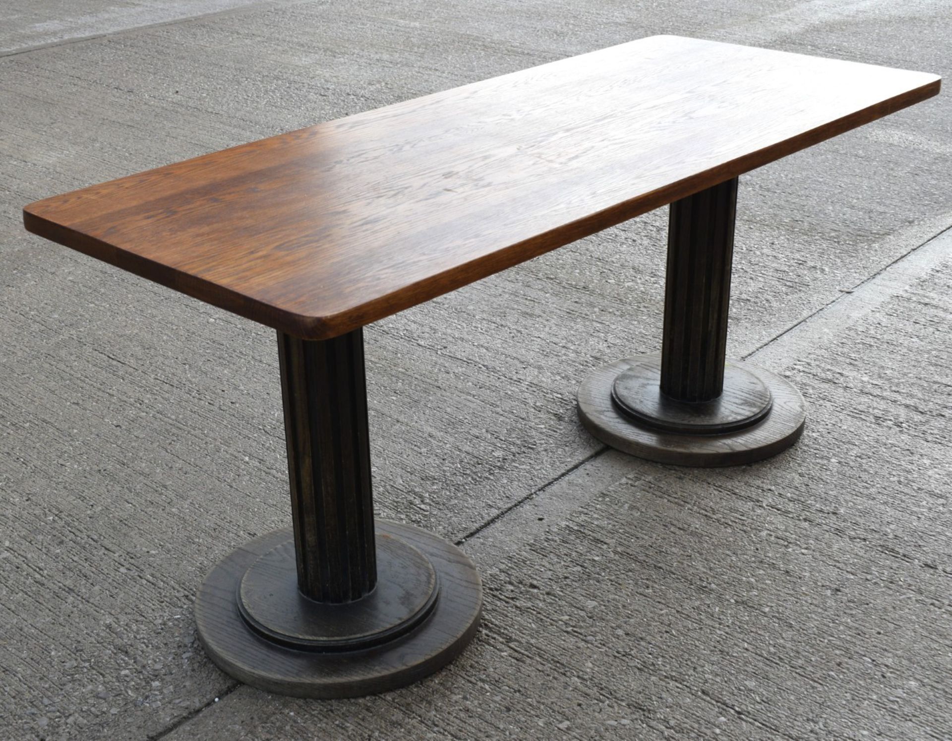 1 x Restaurant Dining Table - Rectangular Oak Top with Wooden Twin Column Pedestal Base - Image 2 of 8