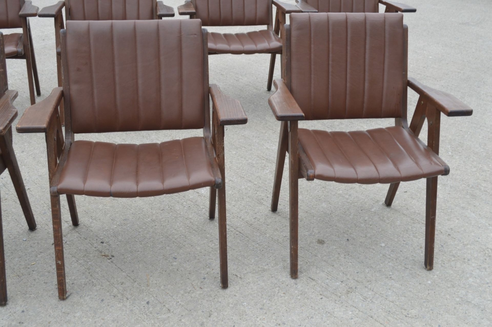 4 x Autoban Slice Armchairs Featuring an Oak Wooden Frame and Vintage Brown Leather Upholstery - Image 4 of 11