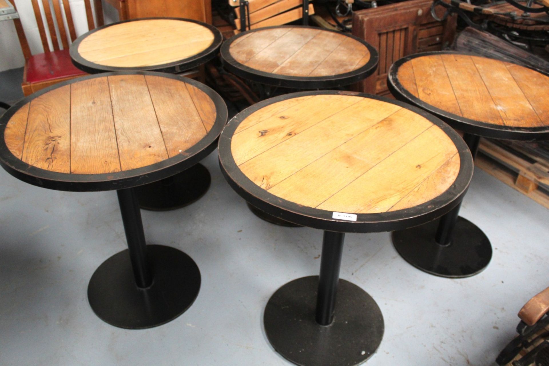 5 x Restaurant Bar Tables Featuring Panelled Oak Tops, Protective Steel Surrounds and Cast Iron - Image 8 of 9
