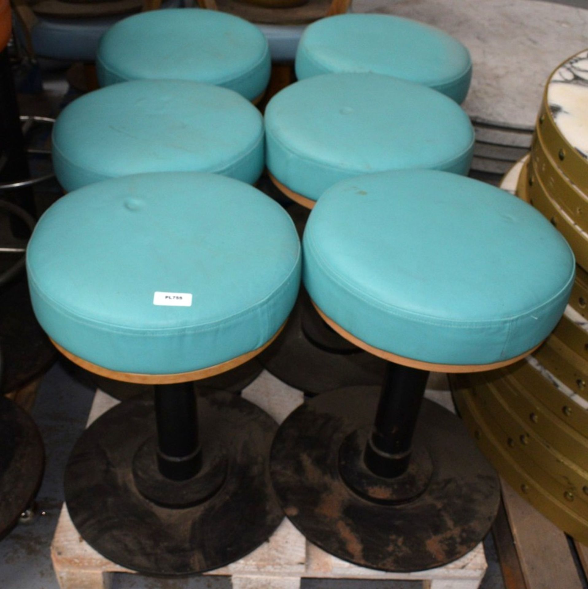 6 x Low Bar Stool Featuring Round Turquoise Leather Seats - Dimensions: H57 x W40 cms