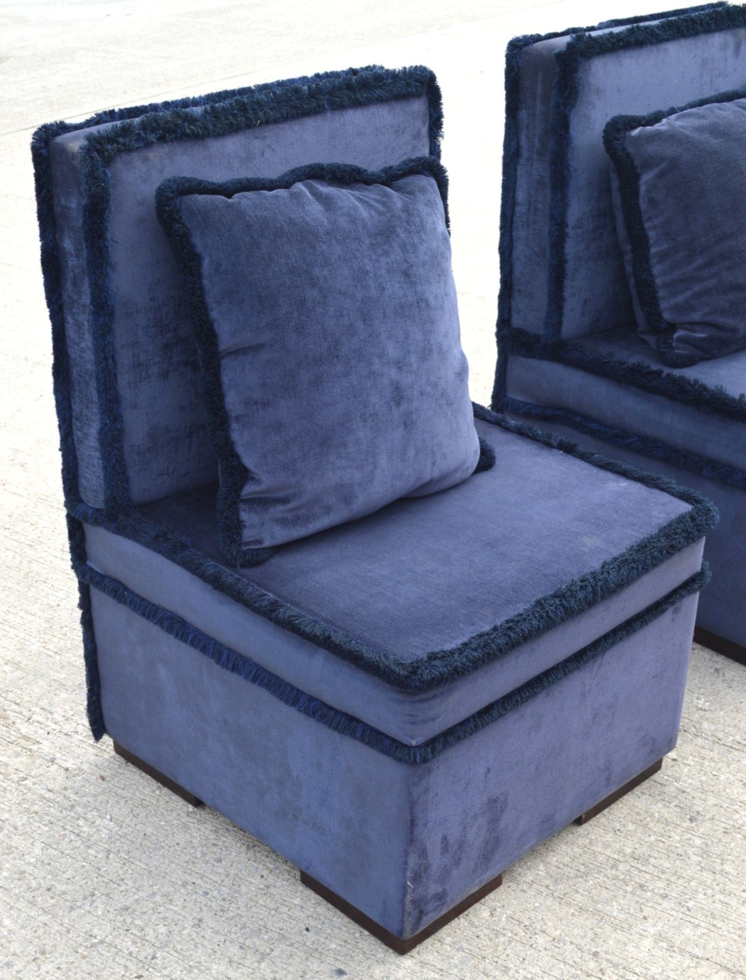 3 x Blue Velvet Slipper Chairs with Fringe Trims and Matching Cushions - Dimensions: H97 x W63 x D68 - Image 2 of 5