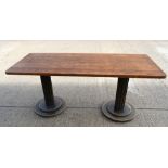 1 x Restaurant Dining Table - Rectangular Oak Top with Wooden Twin Column Pedestal Base
