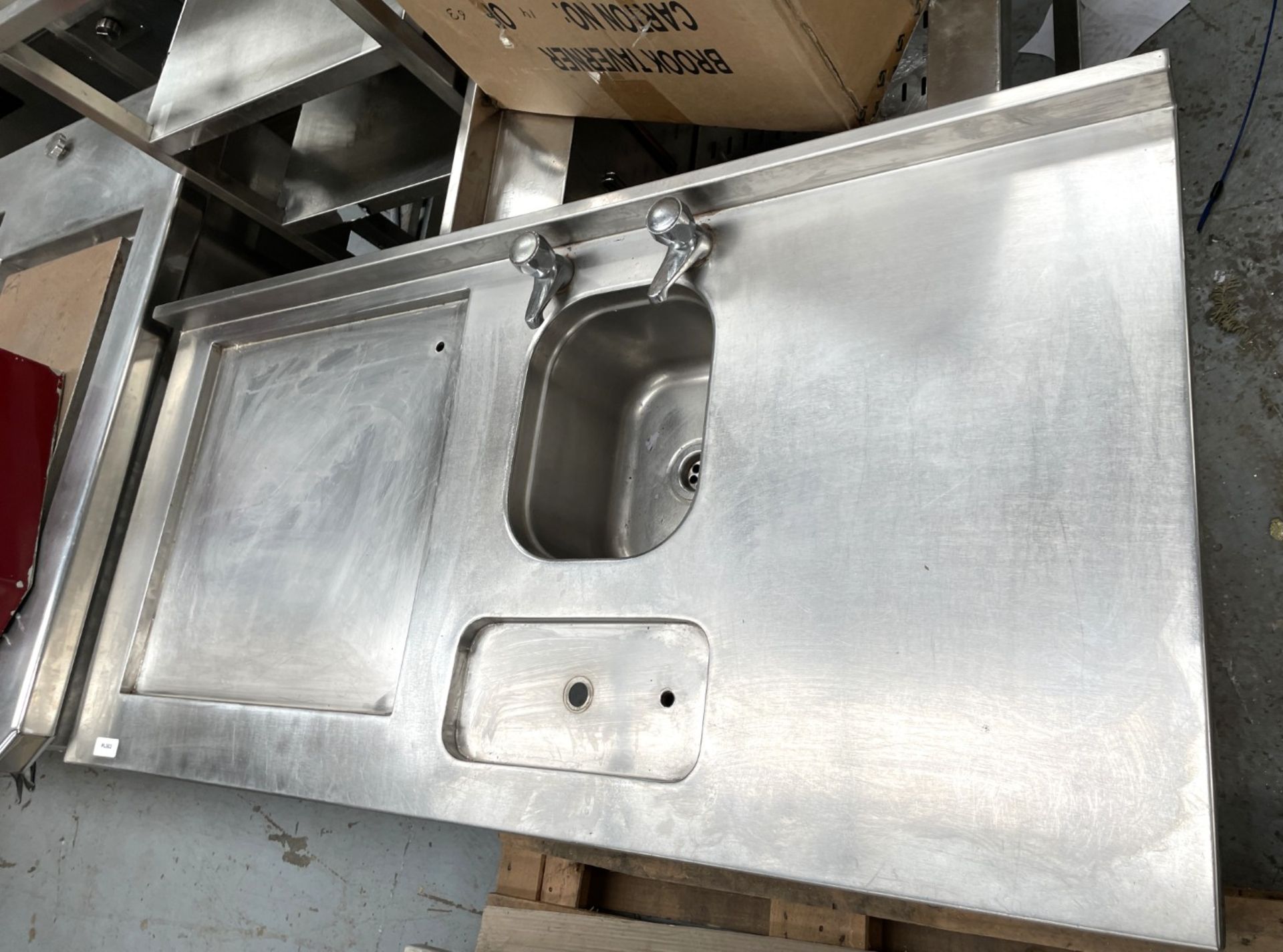 1 x Stainless Steel Inlet Dishwasher Table Featuring a Wash Basin, Taps and Drainer - Image 3 of 7