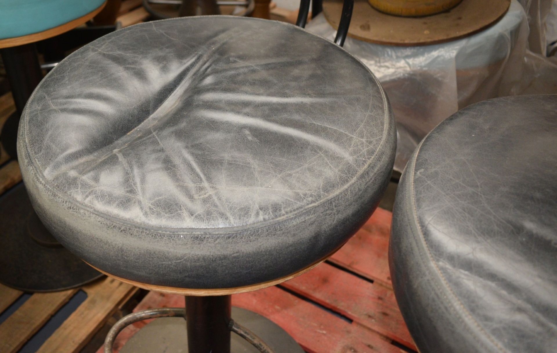 3 x Bar Stools Featuring Round Black Leather Seats, Backrests and Chrome Footrests - Dimensions: H80 - Image 7 of 9