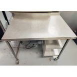 1 x Stainless Steel Preparation Table Featuring Castor Wheels, Upstand and Space for Undercounter