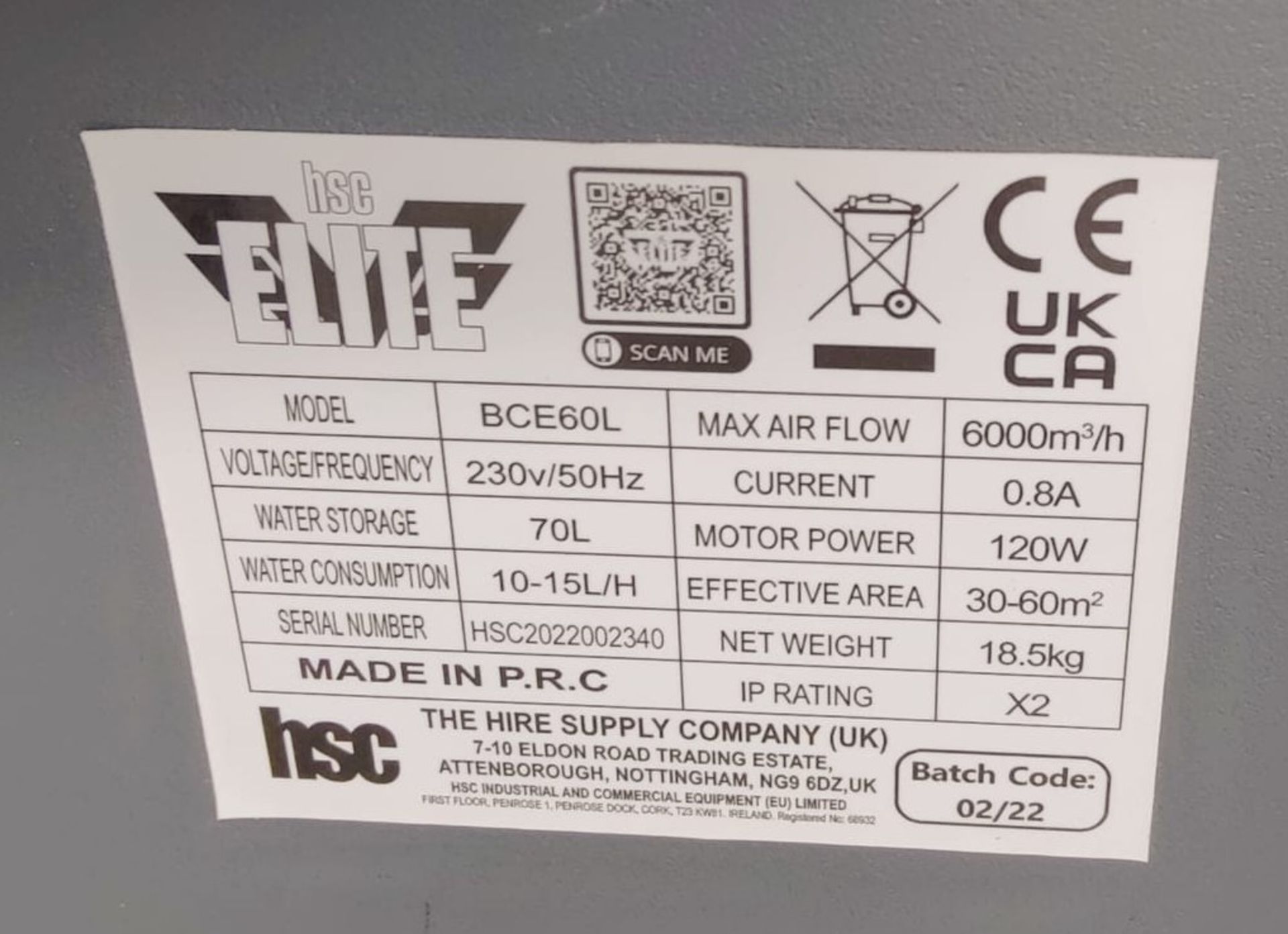 1 x Elite BCE60L Evaporative Bio Cooler - 230v - 70 Litre Water Tank - Dimensions: H124 x W67 - Image 3 of 4