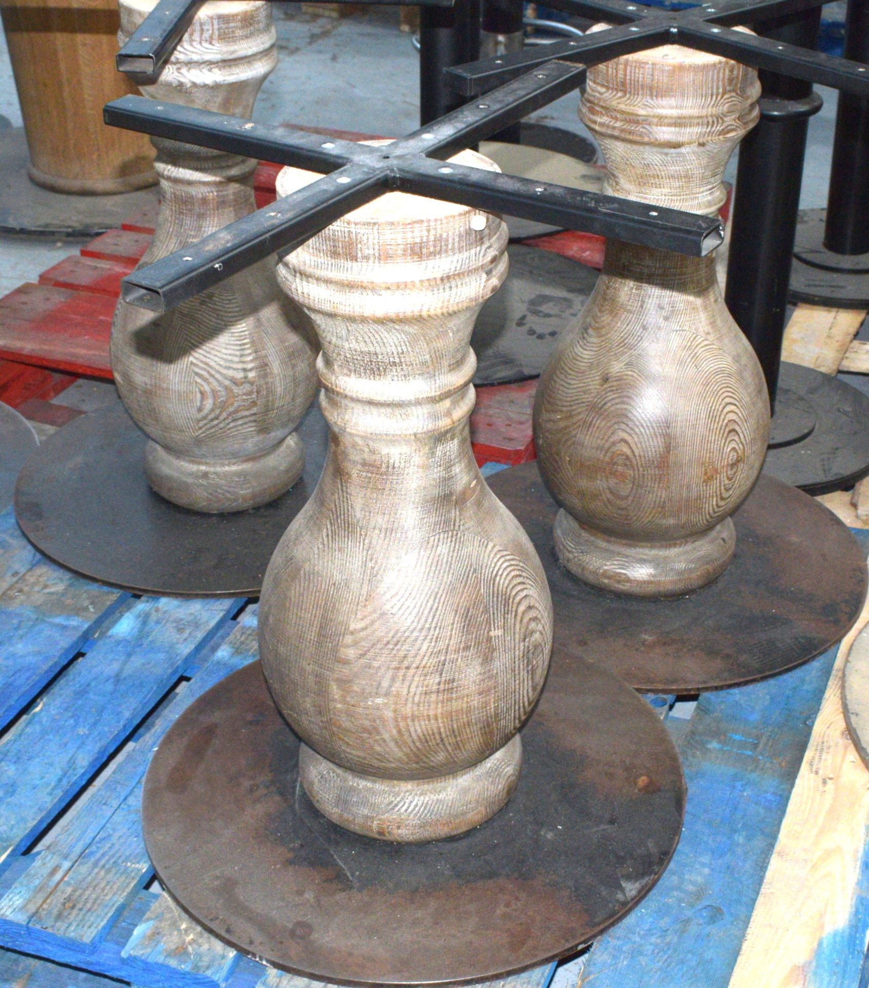 3 x Restaurant Table Pedestals Featuring Natural Wooden Columns - Dimensions: H66.5cm with a 61cm