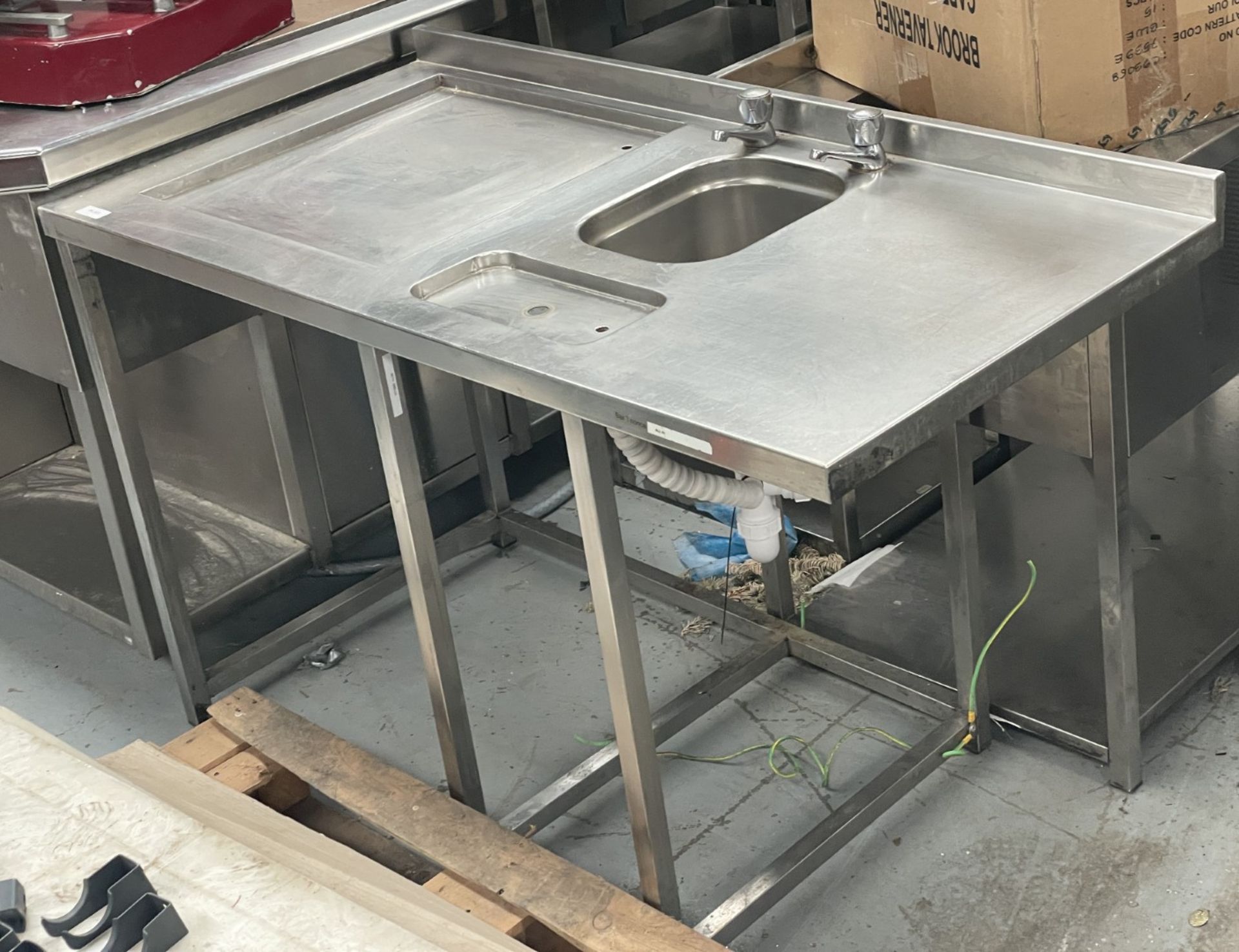 1 x Stainless Steel Inlet Dishwasher Table Featuring a Wash Basin, Taps and Drainer - Image 7 of 7