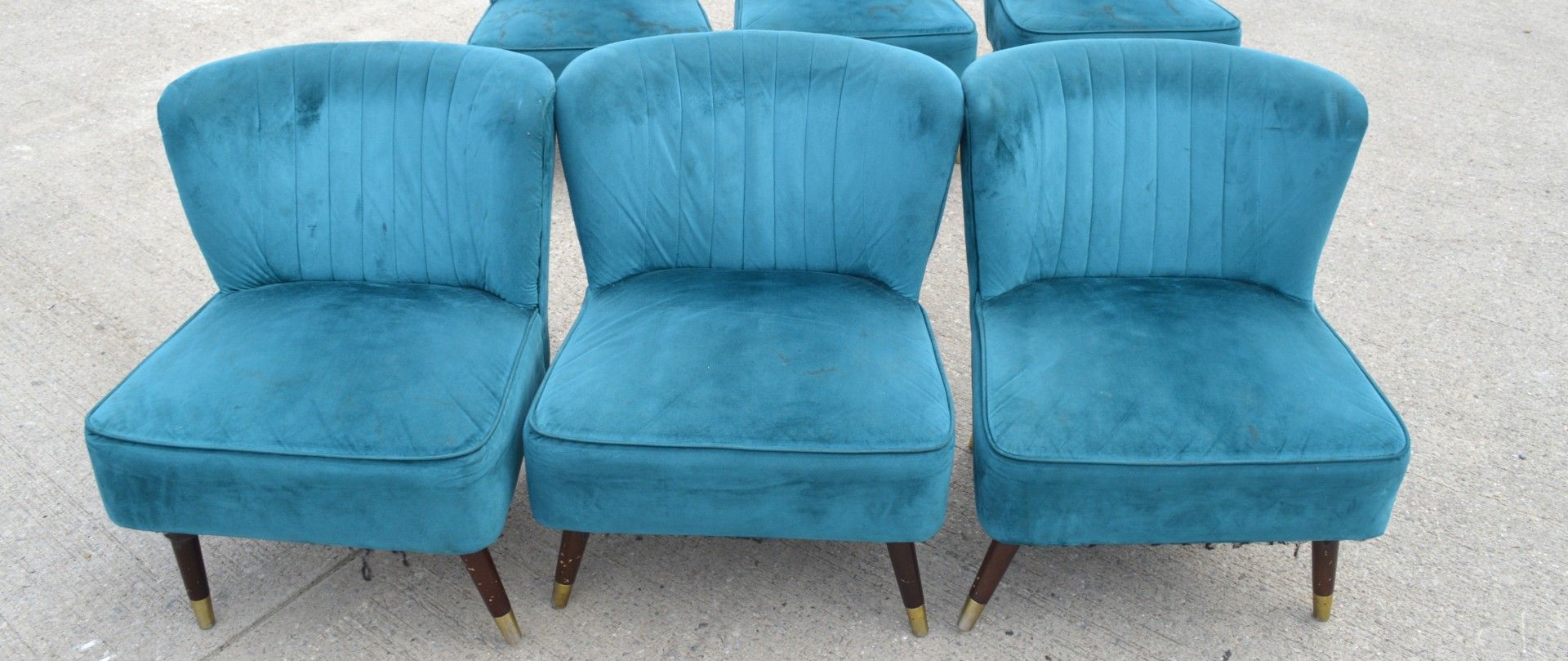 3 x Contemporary Velvet Cocktail Chairs in Teal with Tapered Wooden Legs and Brass Feet
