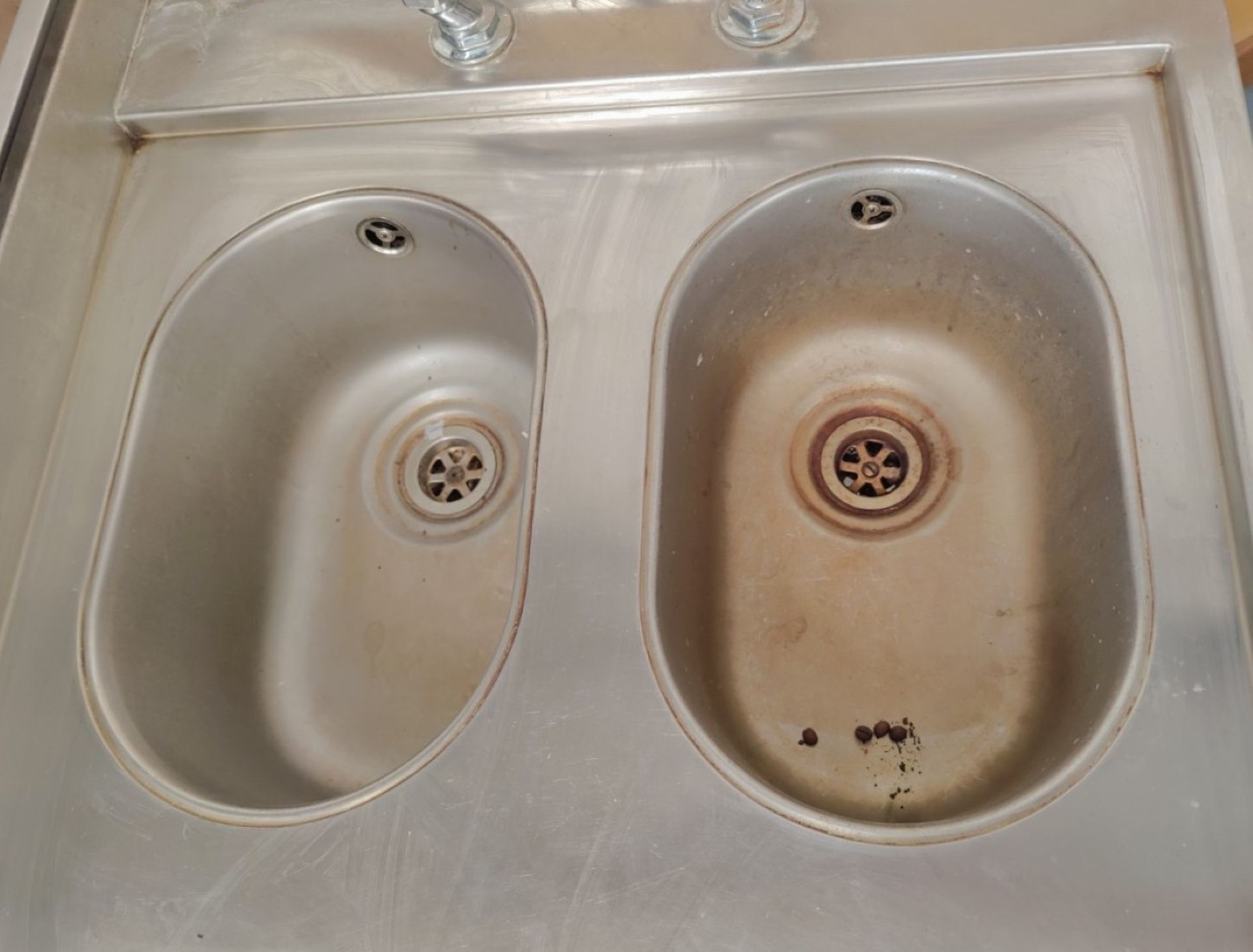 1 x Large Stainless Steel 1.8 Meter Preparation Table Featuring Twin Wash Basins with Mixer Tap - Image 3 of 6