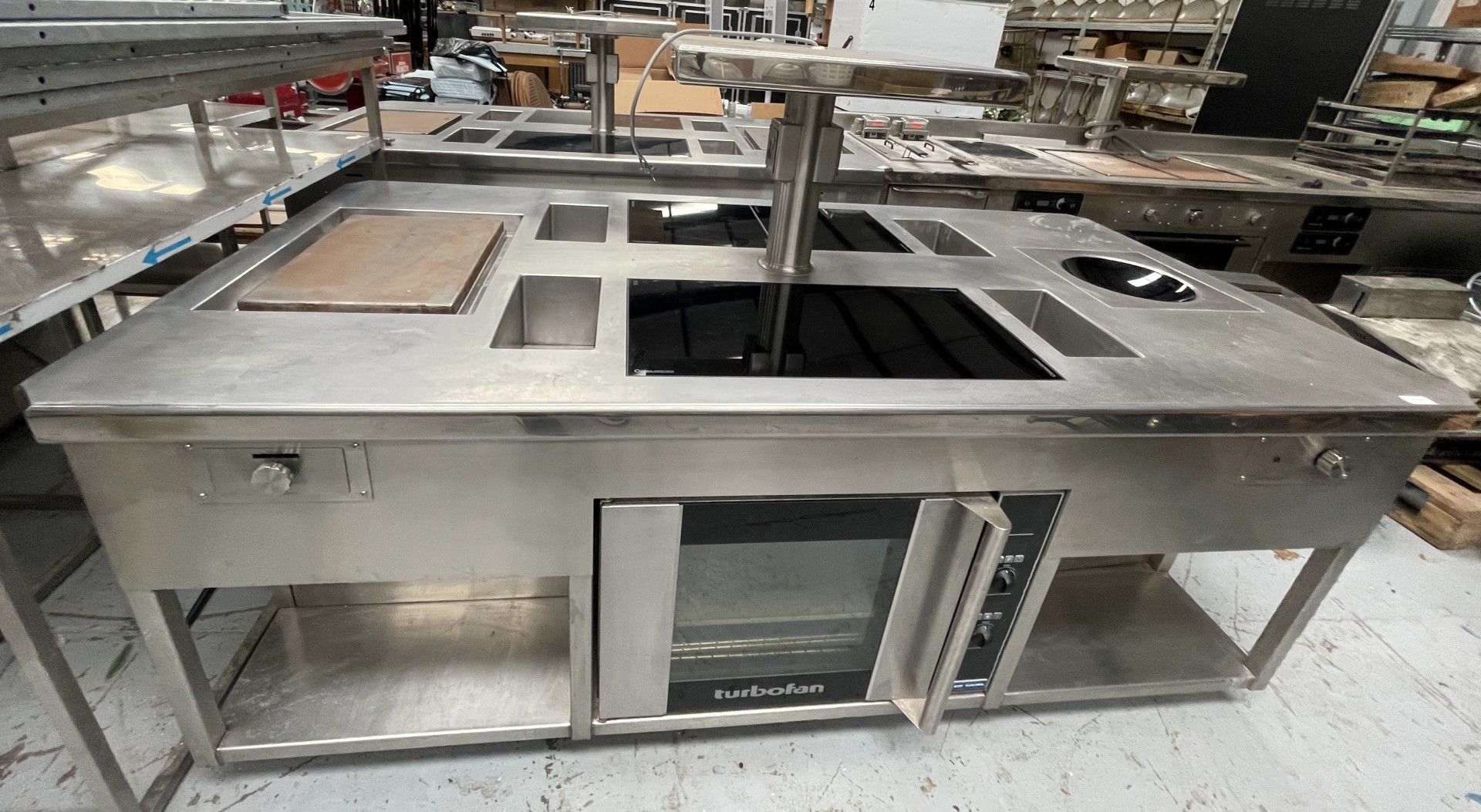 1 x Commercial Central Kitchen Cooking Island Featuring Two Control Induction Cooking Hobs, Blue Sea