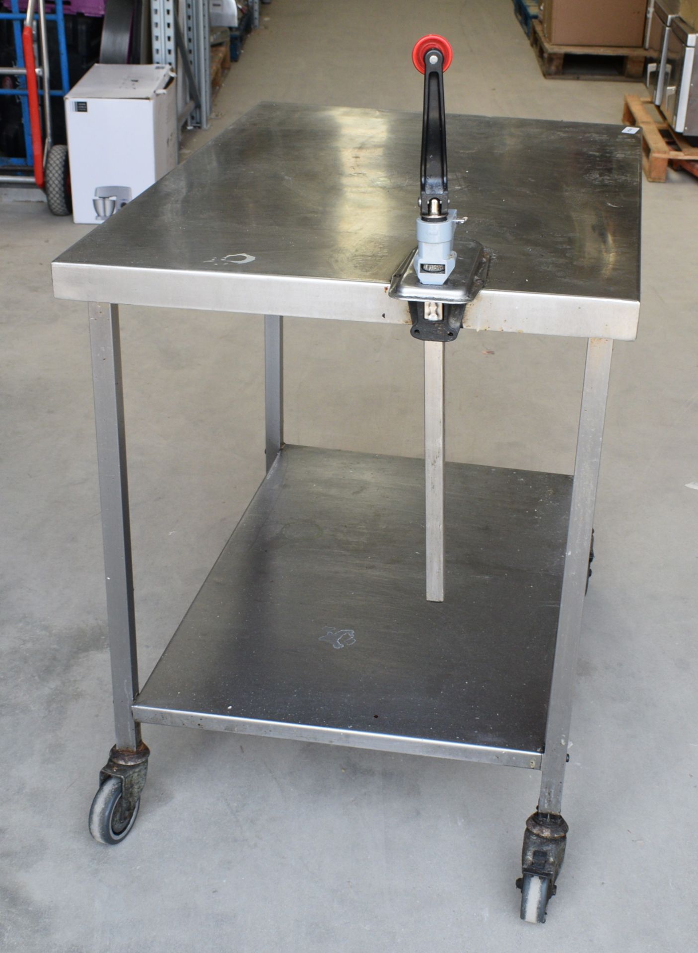 1 x Stainless Steel Mobile Prep Table Featuring Castor Wheels, Can Opener and Undershelf - Image 2 of 4