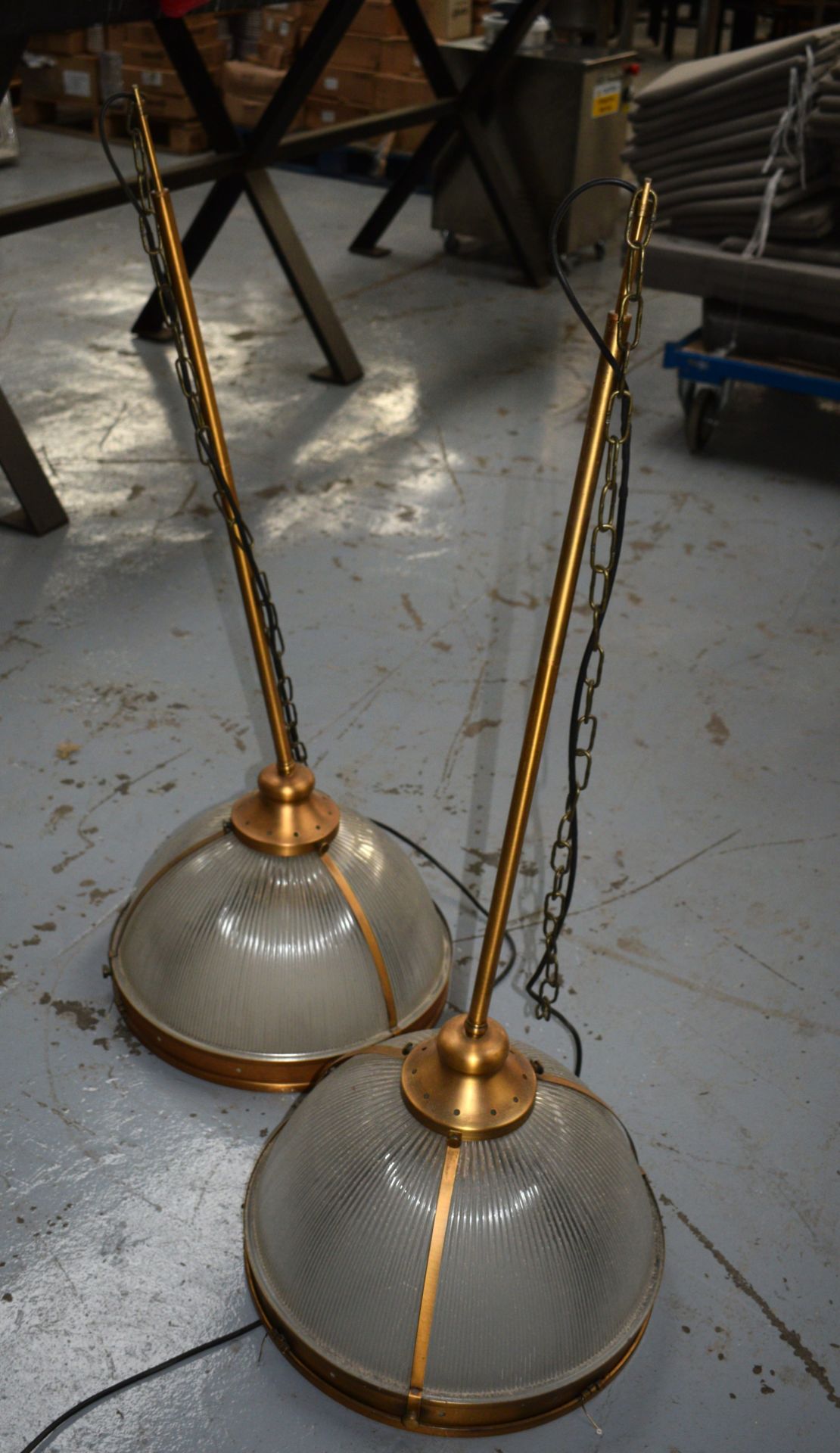 3 x Suspended Halophane Pendant Lights Featuring a Vintage Brass Finish with Frosted Ribbed Glass - Image 2 of 6