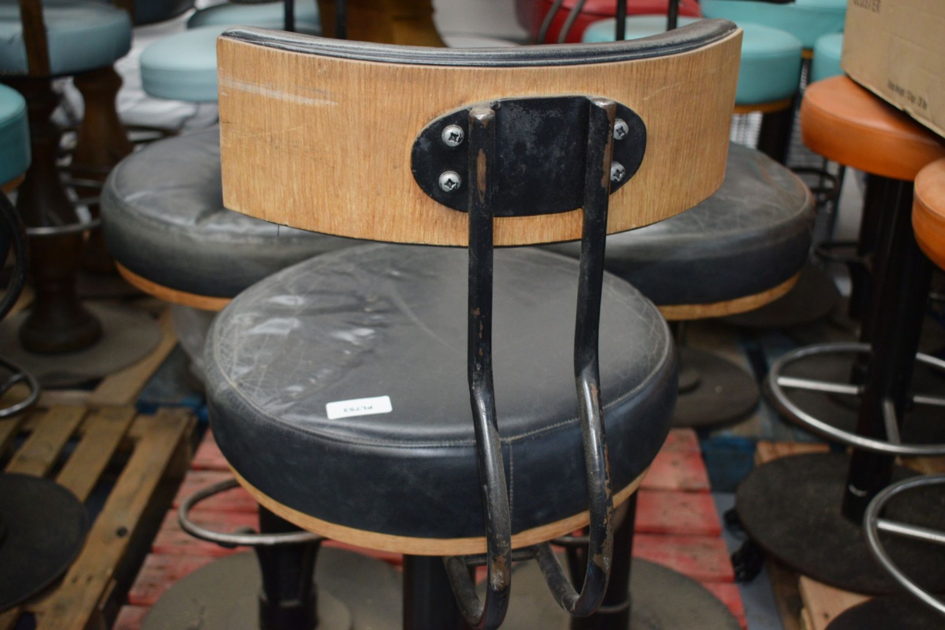 3 x Bar Stools Featuring Round Black Leather Seats, Backrests and Chrome Footrests - Dimensions: H80 - Image 9 of 9