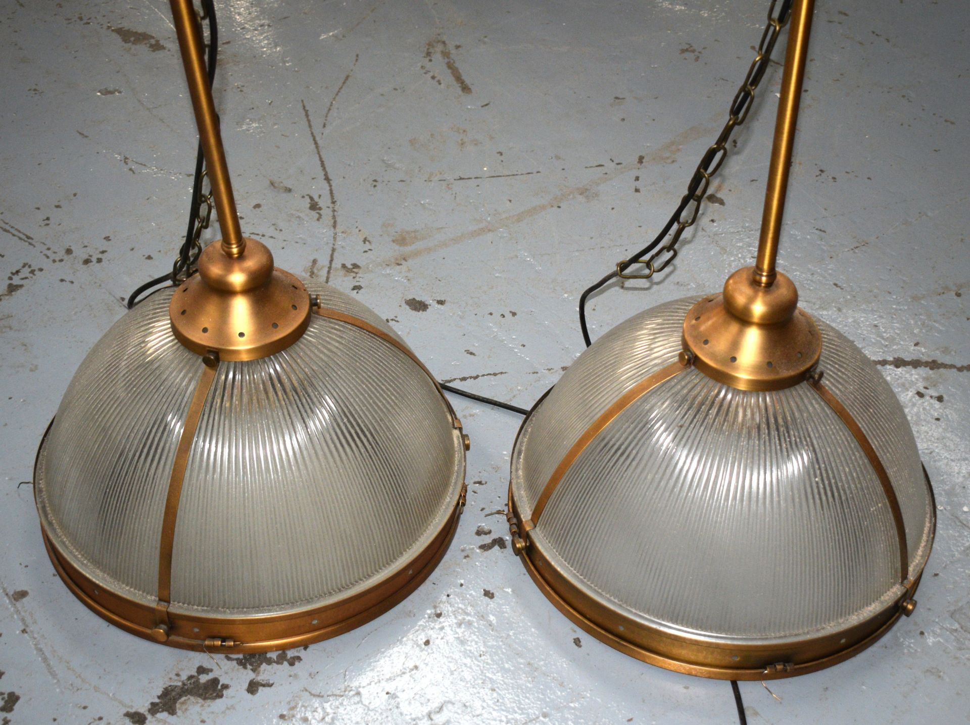 4 x Suspended Halophane Pendant Lights Featuring a Vintage Brass Finish with Frosted Ribbed Glass - Image 4 of 6