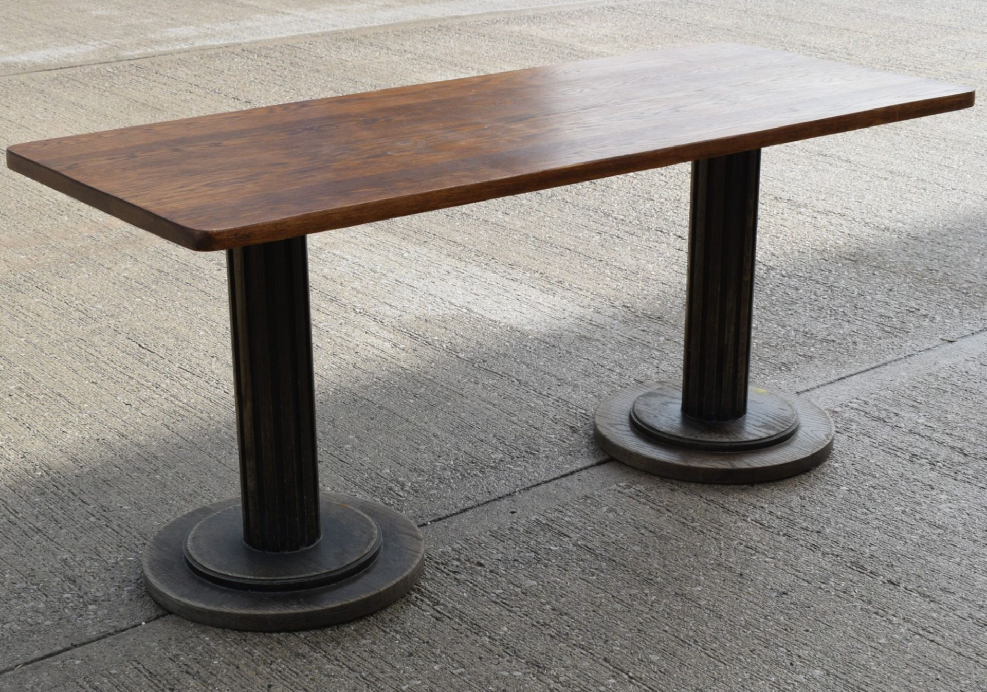 1 x Restaurant Dining Table - Rectangular Oak Top with Wooden Twin Column Pedestal Base - Image 4 of 9