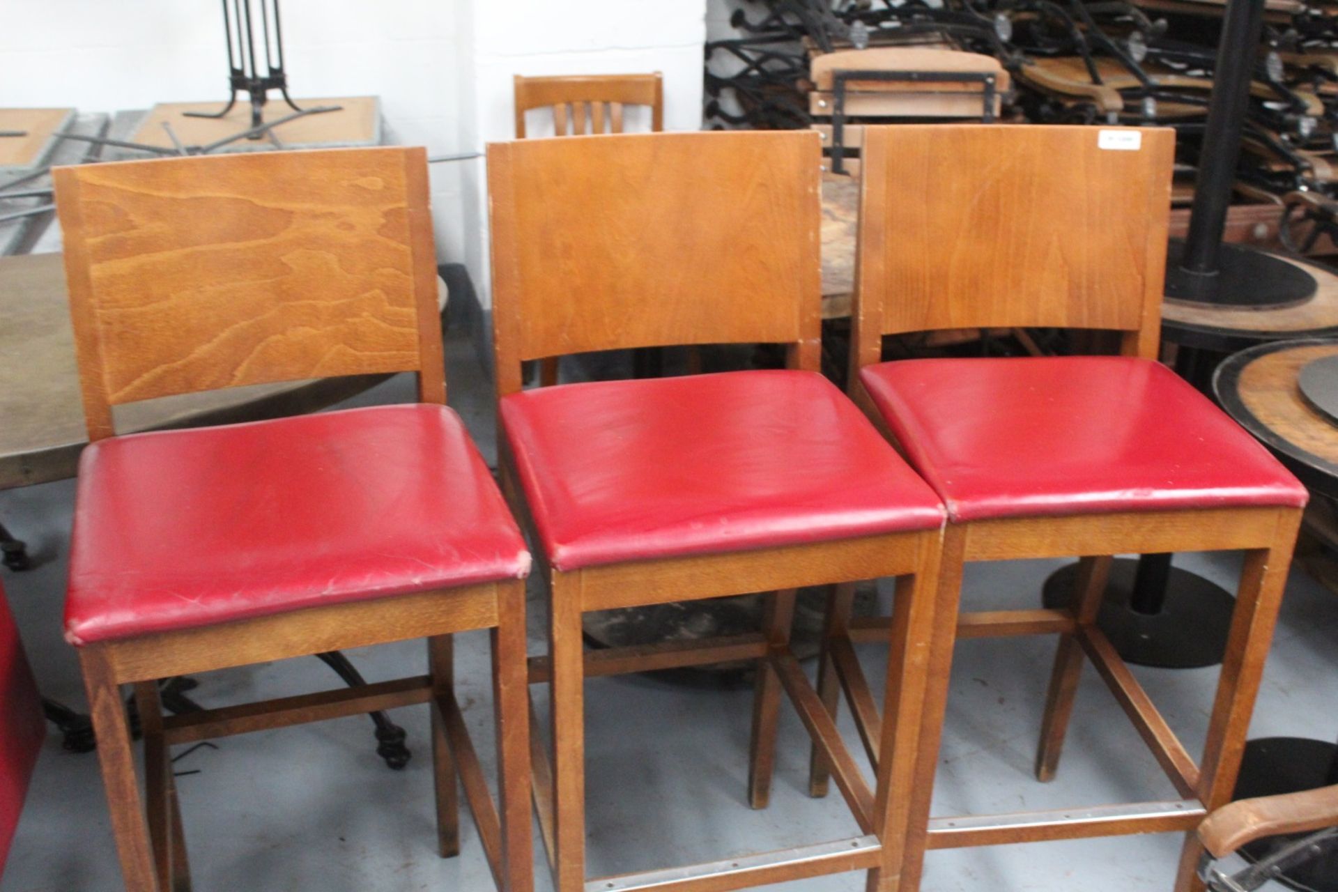 3 x  Restaurant Bar Stools Featuring Wooden Backrests, Footrests and Red Faux Leather Seating Pads - Image 4 of 4