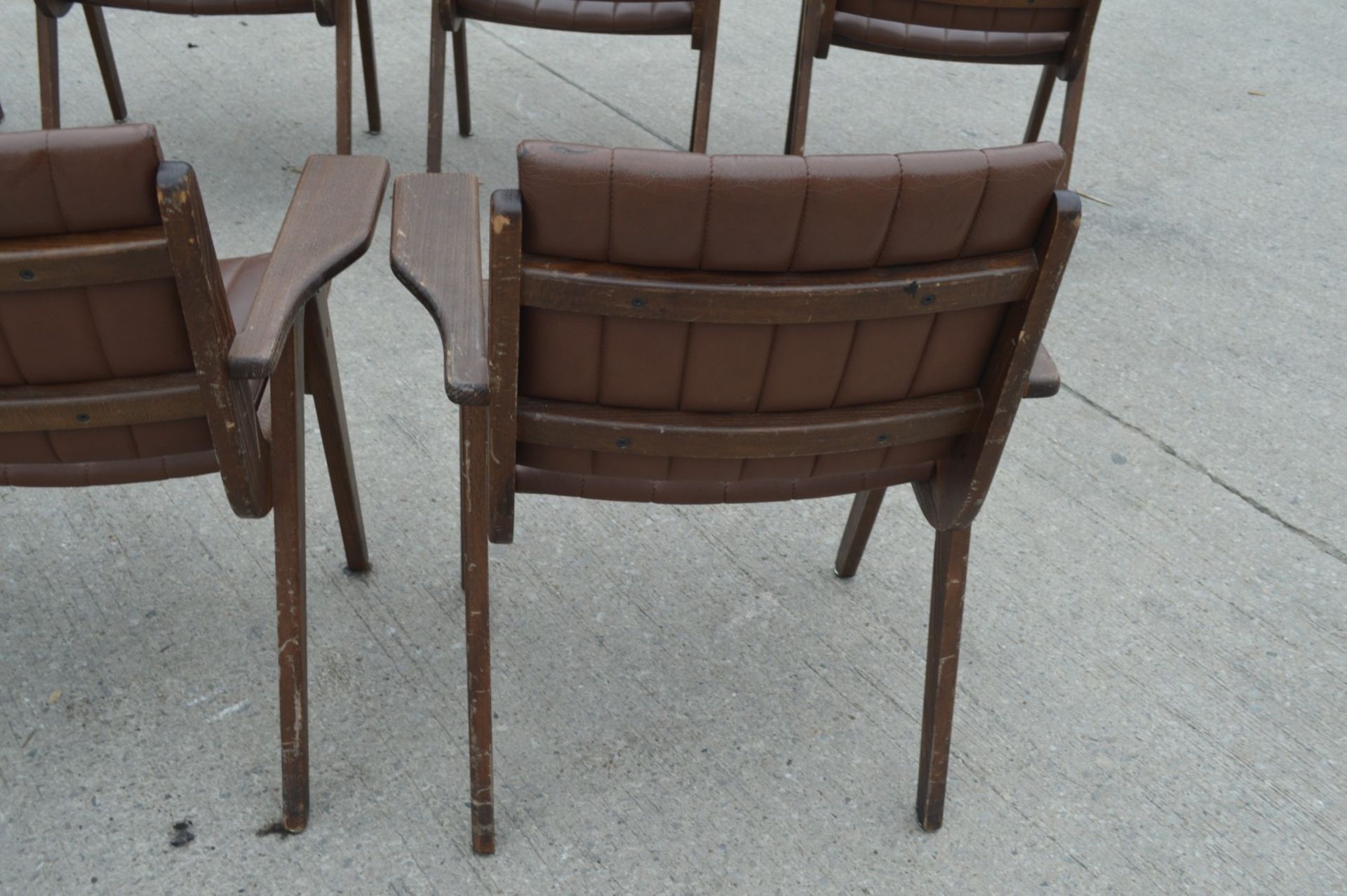 4 x Autoban Slice Armchairs Featuring an Oak Wooden Frame and Vintage Brown Leather Upholstery - Image 10 of 11
