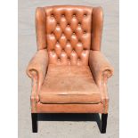 1 x Chesterfield Style Wingback Armchair Upholstered in Tan Leather