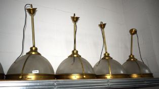 4 x Suspended Halophane Pendant Lights Featuring a Vintage Brass Finish with Frosted Ribbed Glass