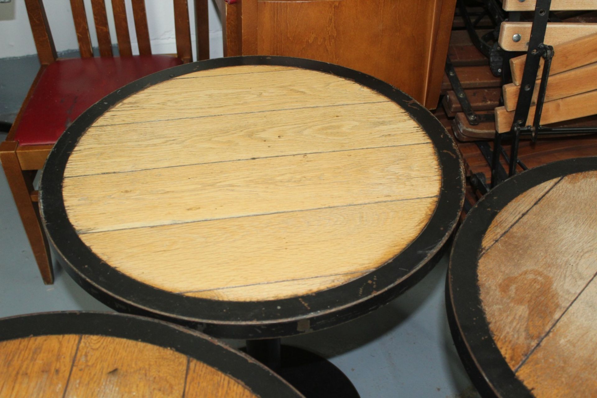 5 x Restaurant Bar Tables Featuring Panelled Oak Tops, Protective Steel Surrounds and Cast Iron - Image 6 of 9