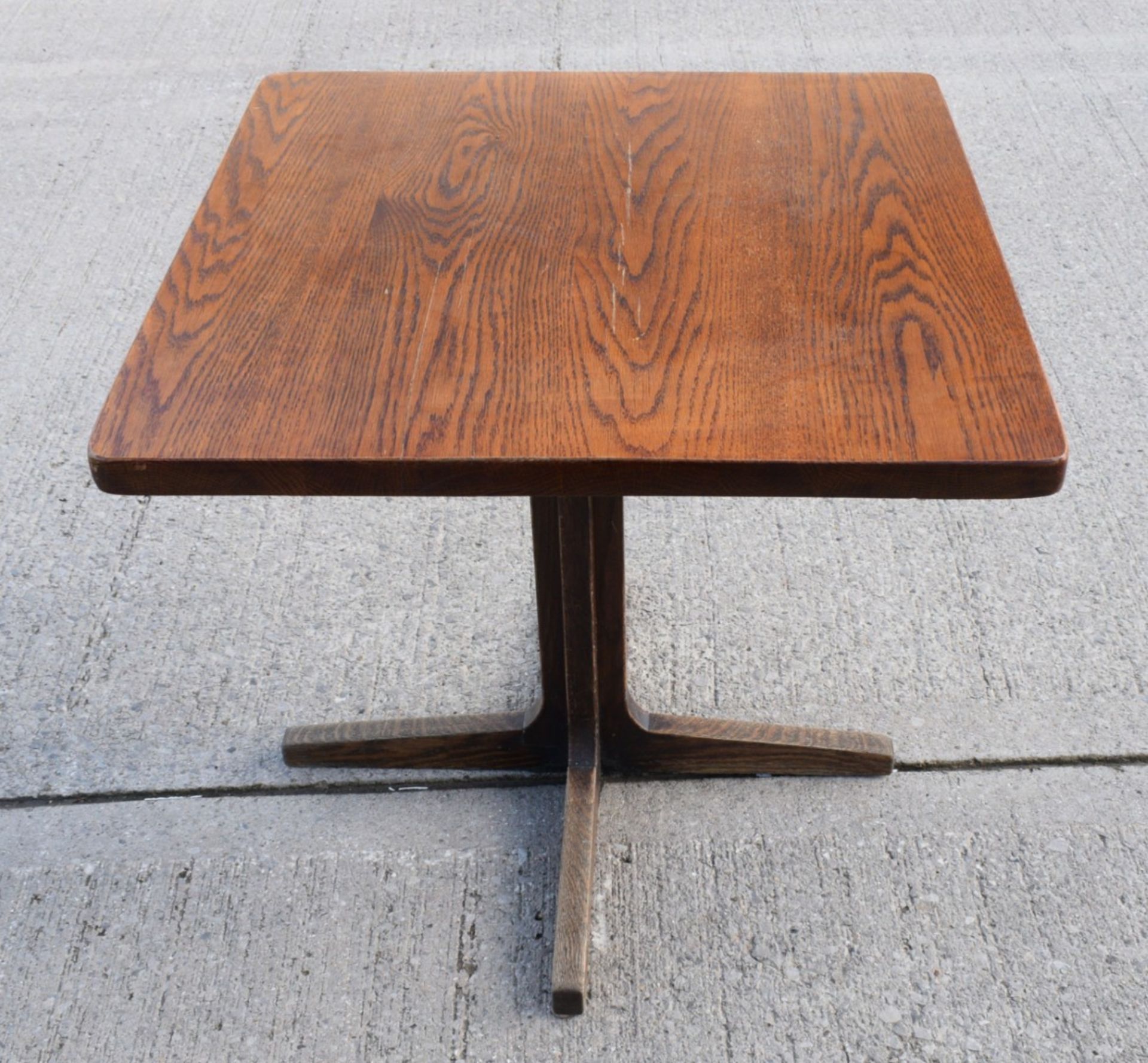 1 x Restaurant Dining Table - Oak Top with Wooden Cross Leg Pedestal Base - Dimensions: H70 x W70