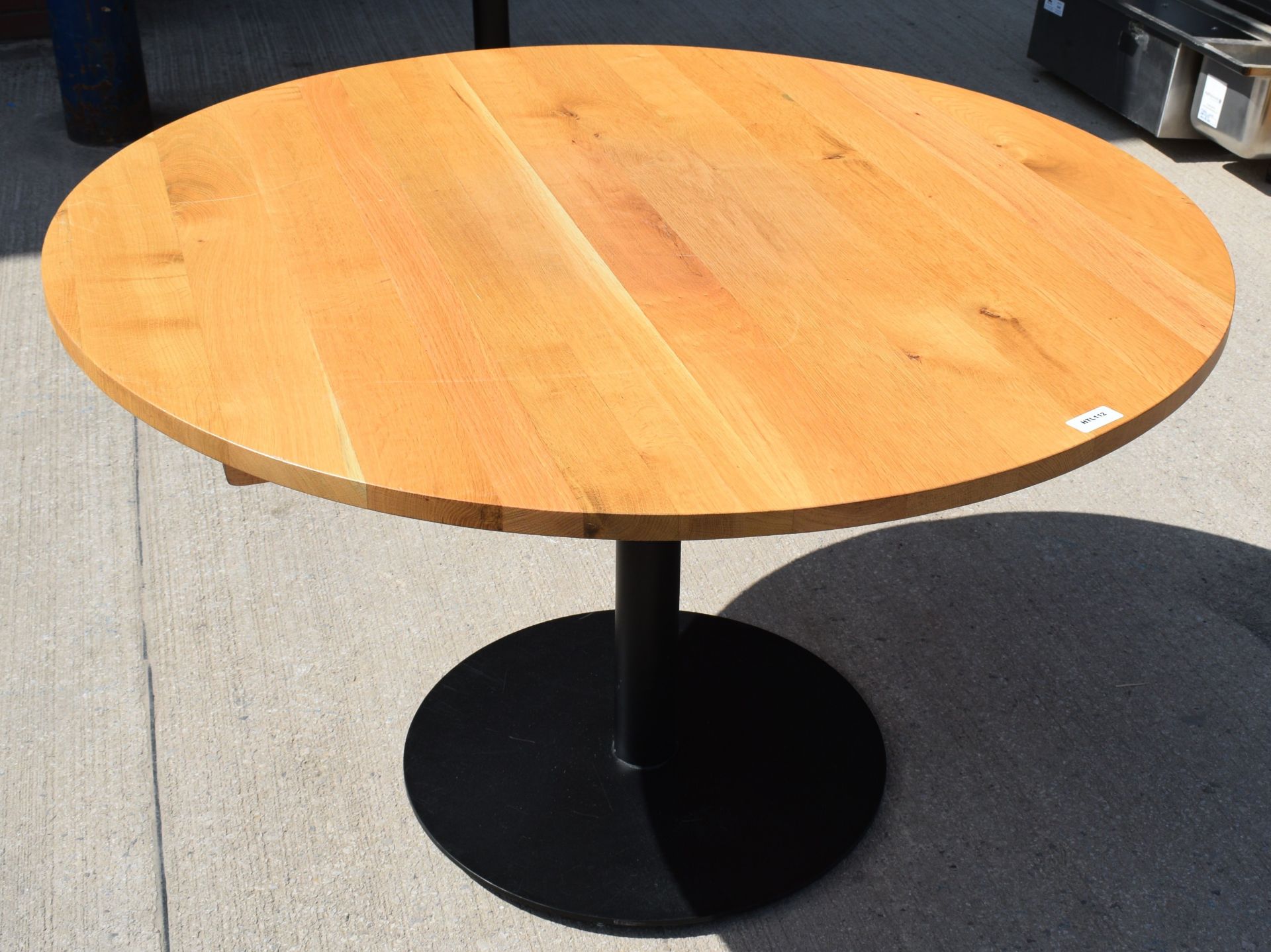 1 x Solid Oak Restaurant Dining Table with a Black Pedestal Base - Dimensions: H74 x W120 x D120 cms - Image 4 of 6