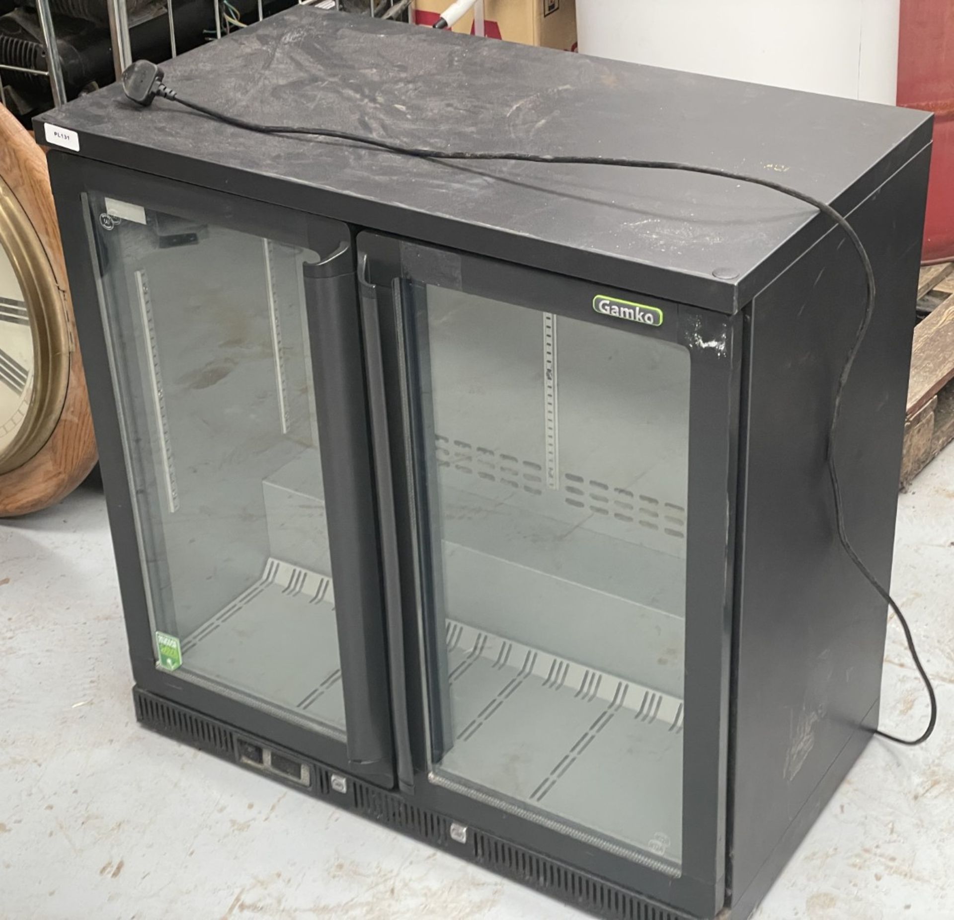 1 x Gamko Two Door Backbar Bottle Cooler - Illuminated Cabinet with a Black Surround - Model MG2/250