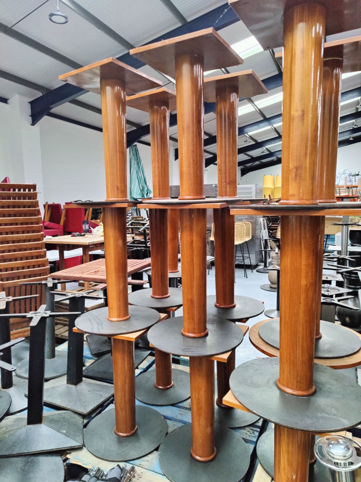 6 x Restaraunt Table Pedestal Bases Featuring a Cherry Wood Finish with Round Grey Metal Bases - Image 6 of 10