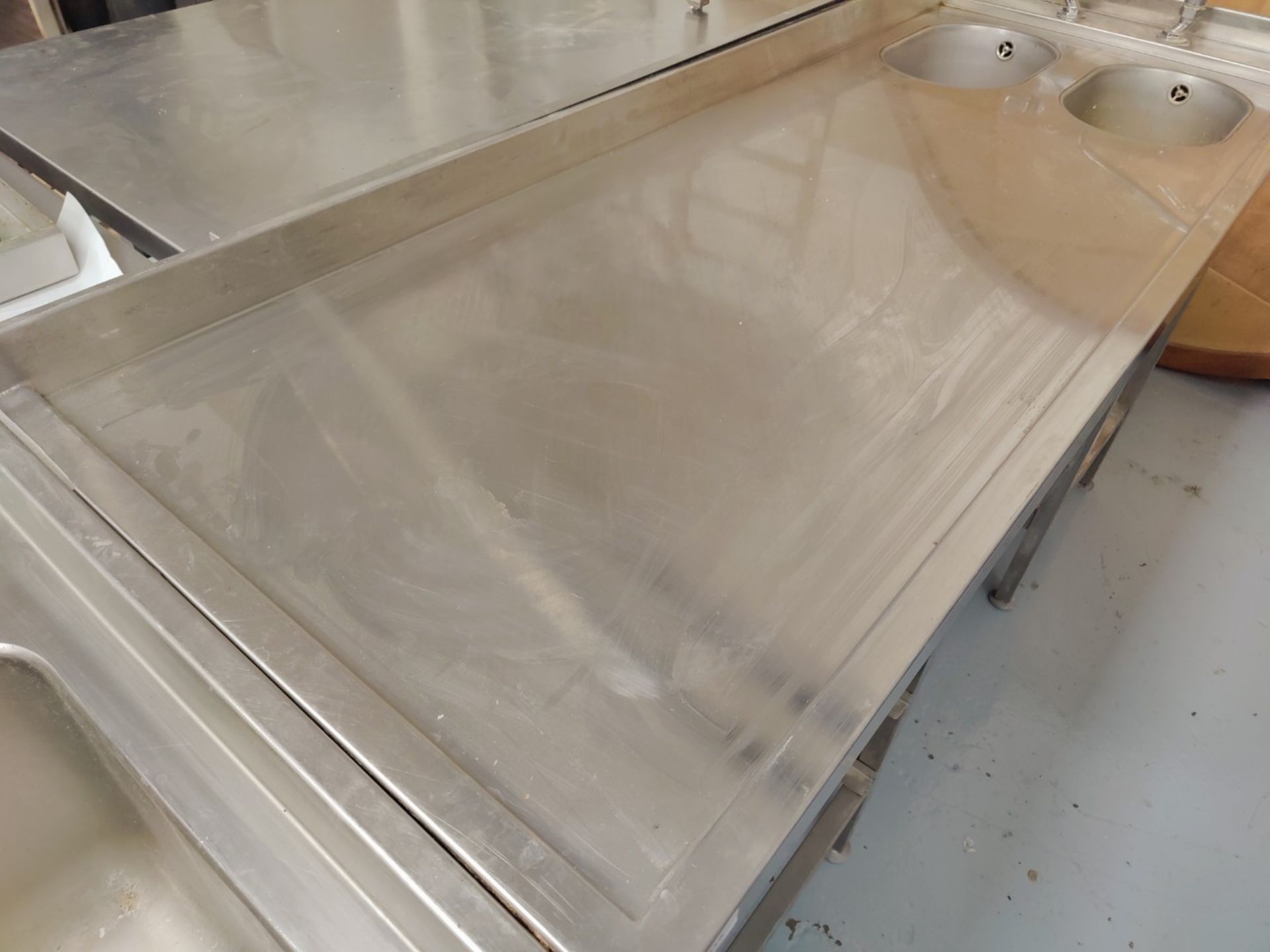 1 x Large Stainless Steel 1.8 Meter Preparation Table Featuring Twin Wash Basins with Mixer Tap - Image 6 of 6
