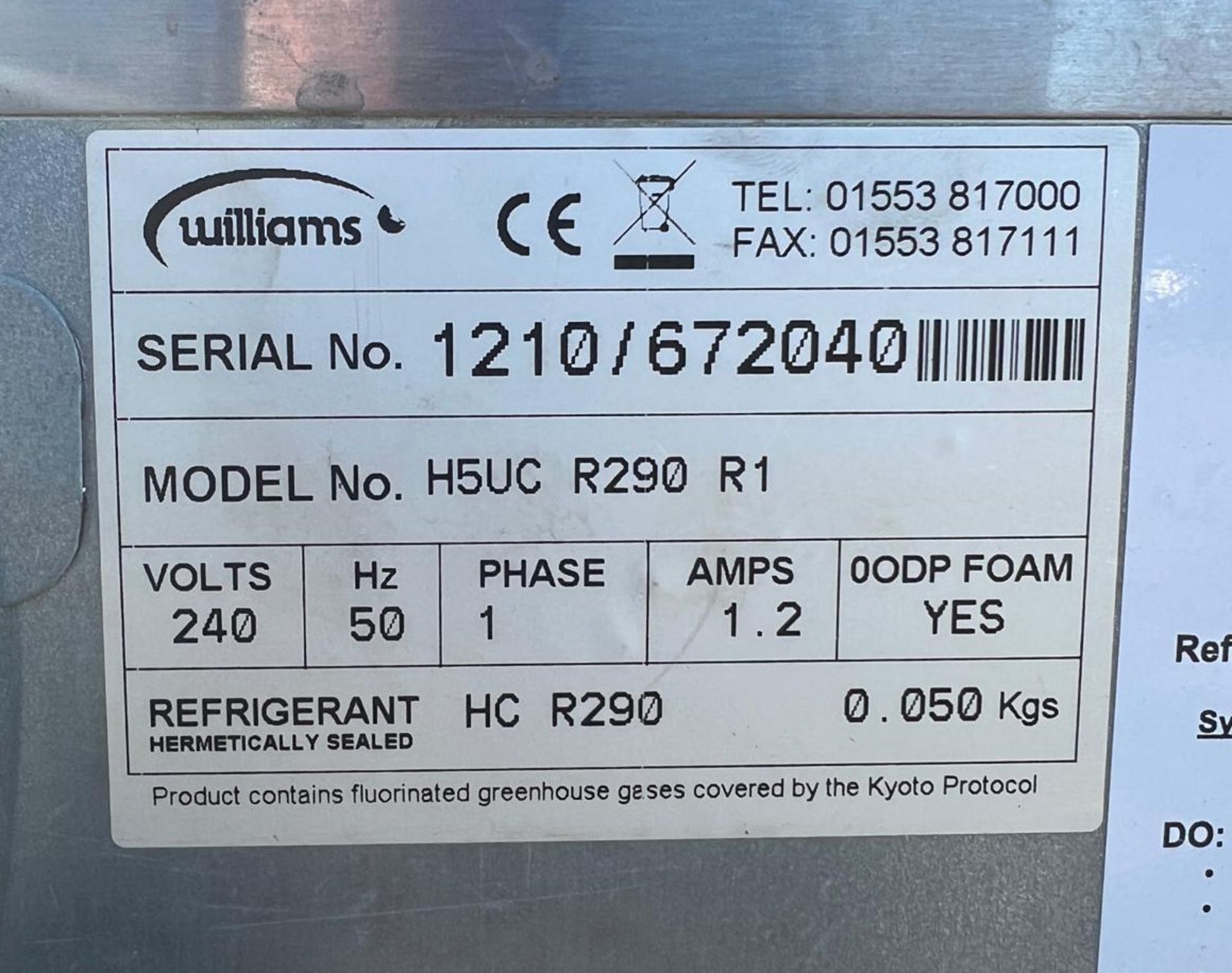 1 x WILLIAMS H5Uc Single Door Under-Counter Stainless Commercial Fridge - Image 9 of 12