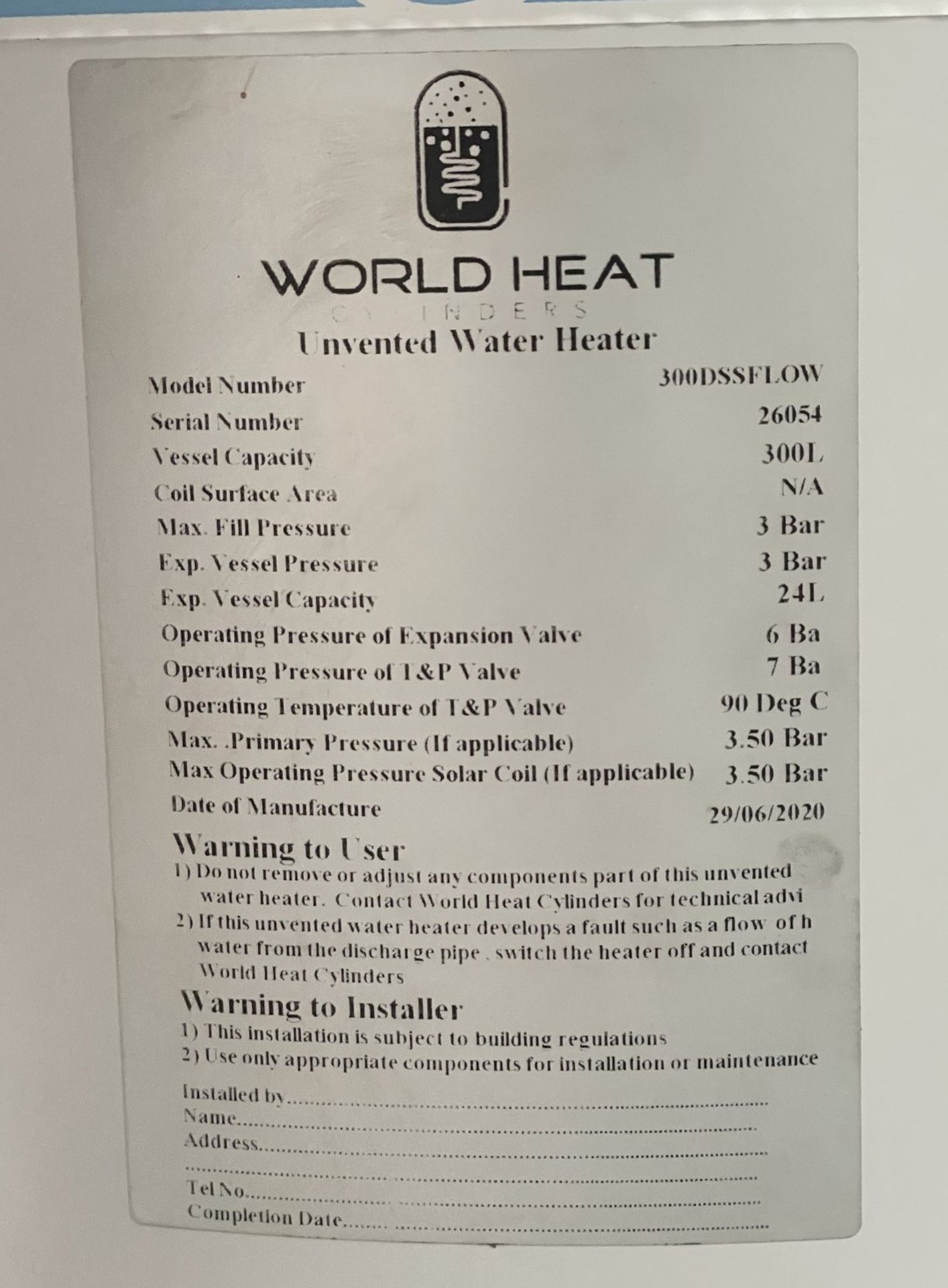 1 x World Heat Superflow Unvented Hot Water 300 Litre Storage Cylinder - Model: 300DSSFLOW - Image 7 of 10