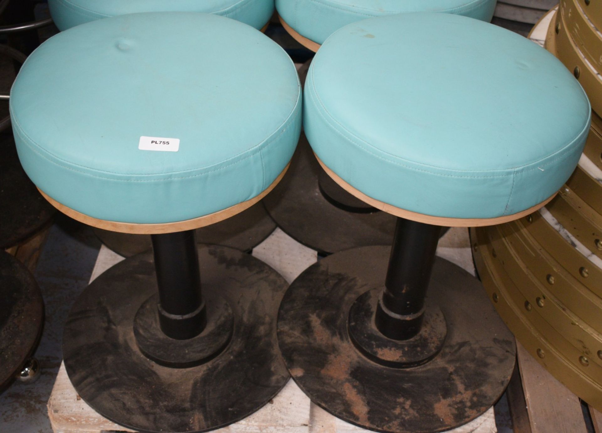 6 x Low Bar Stool Featuring Round Turquoise Leather Seats - Dimensions: H57 x W40 cms - Image 2 of 6