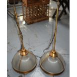 3 x Suspended Halophane Pendant Lights Featuring a Vintage Brass Finish with Frosted Ribbed Glass