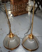 3 x Suspended Halophane Pendant Lights Featuring a Vintage Brass Finish with Frosted Ribbed Glass