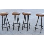 4 x Vintage Industrial Style Bar Stools with Steel Bases, Footrests and Tan Leather Seats