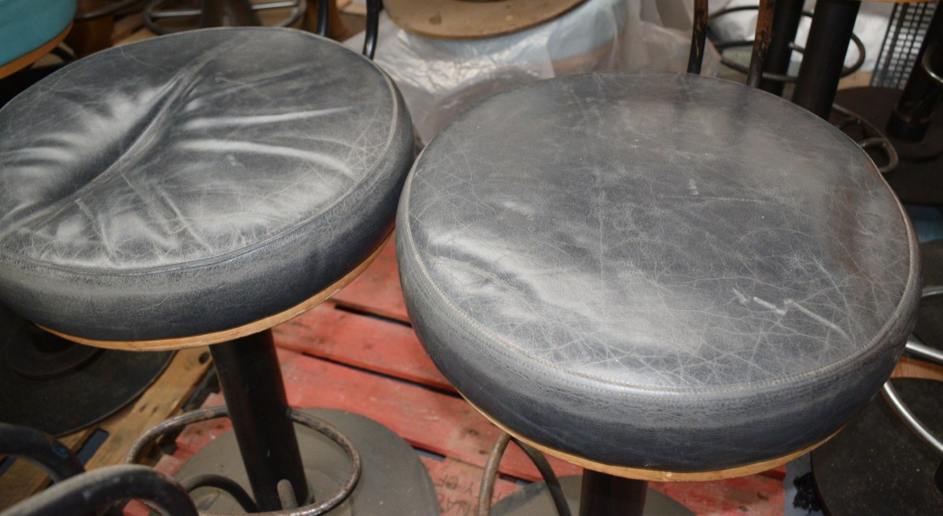 3 x Bar Stools Featuring Round Black Leather Seats, Backrests and Chrome Footrests - Dimensions: H80 - Image 6 of 9