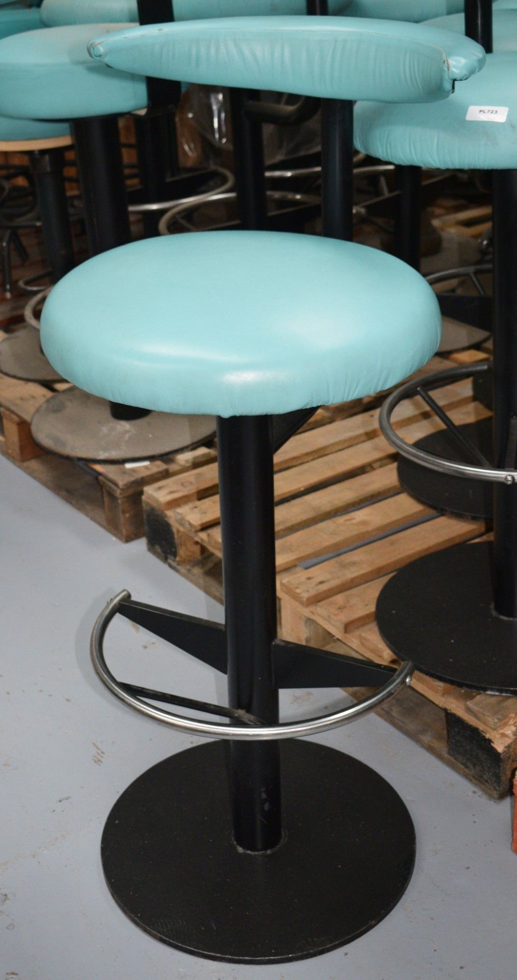 4 x Bar Stools Featuring Black Bases with Chrome Footrests and Faux Leather Turquoise Seats - Image 2 of 9