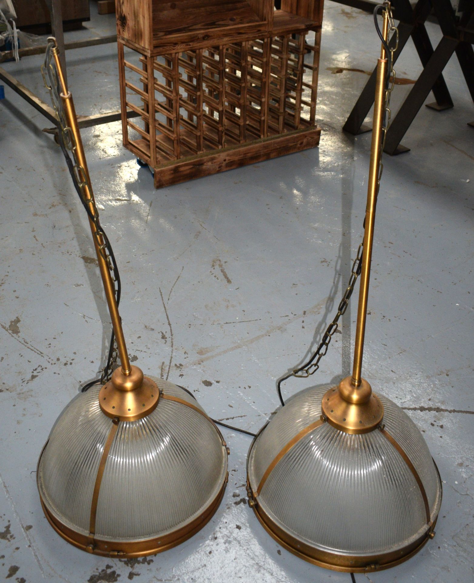 4 x Suspended Halophane Pendant Lights Featuring a Vintage Brass Finish with Frosted Ribbed Glass
