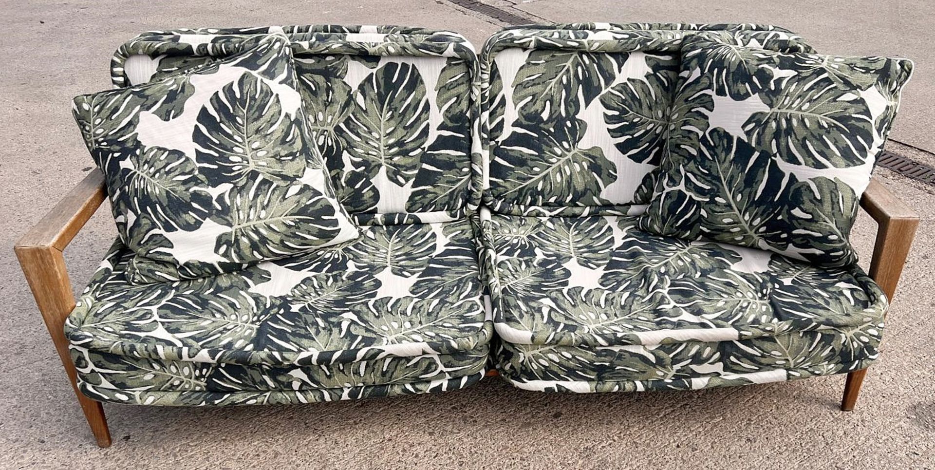 1 x Vintage Mid-Century Low Profile 2-Metre Long Commercial Wooden Conservatory Lounge Sofa