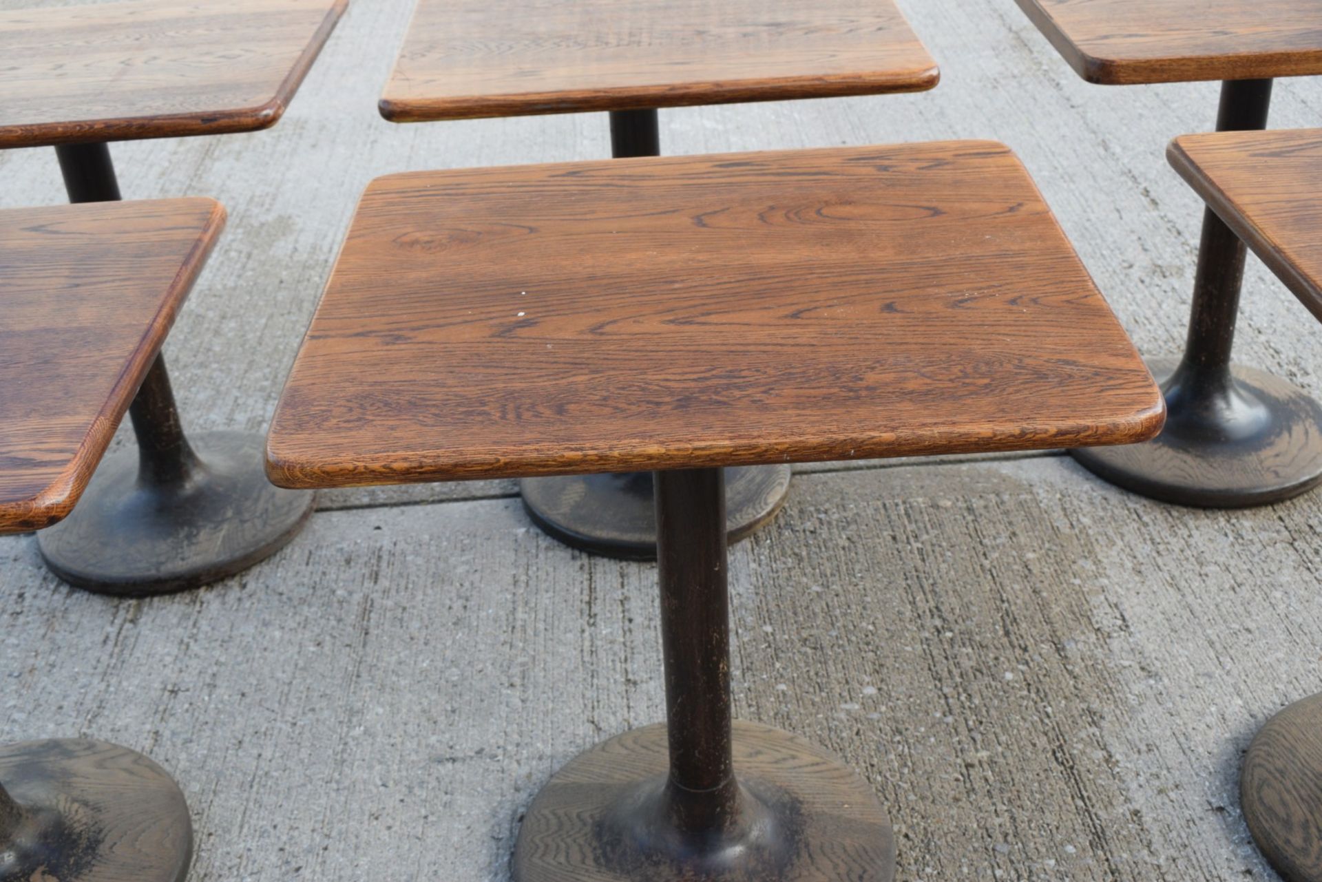 6 x Restaurant Dining Tables Featuring Oak Wooden Tops with Wooden Tulip Style Pedestal Bases - Image 2 of 16