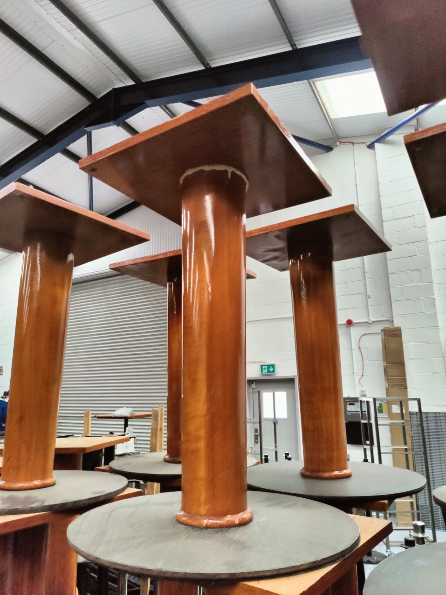 5 x Restaraunt Table Pedestal Bases Featuring a Cherry Wood Finish with Round Grey Metal Bases