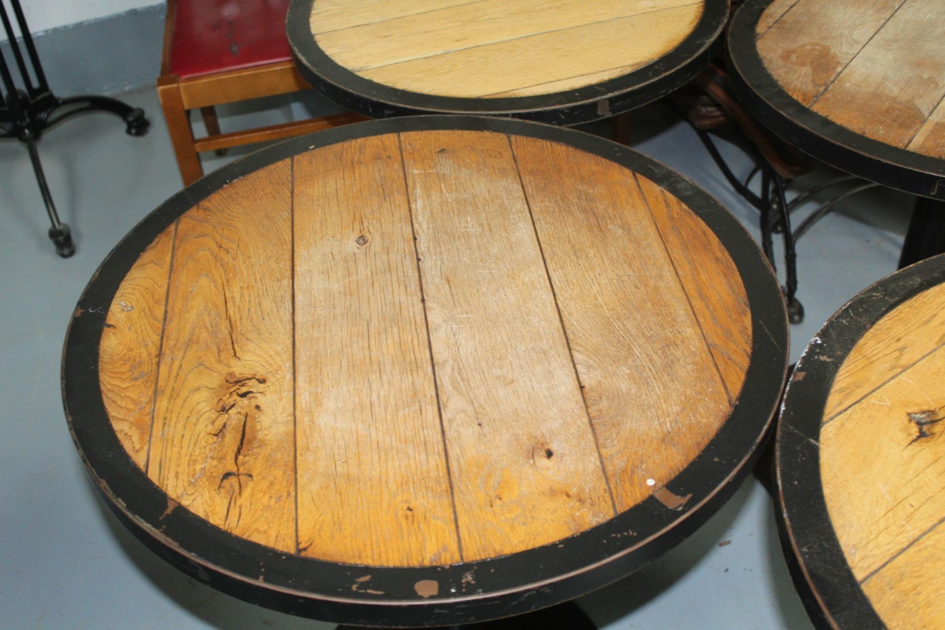 5 x Restaurant Bar Tables Featuring Panelled Oak Tops, Protective Steel Surrounds and Cast Iron - Image 2 of 9