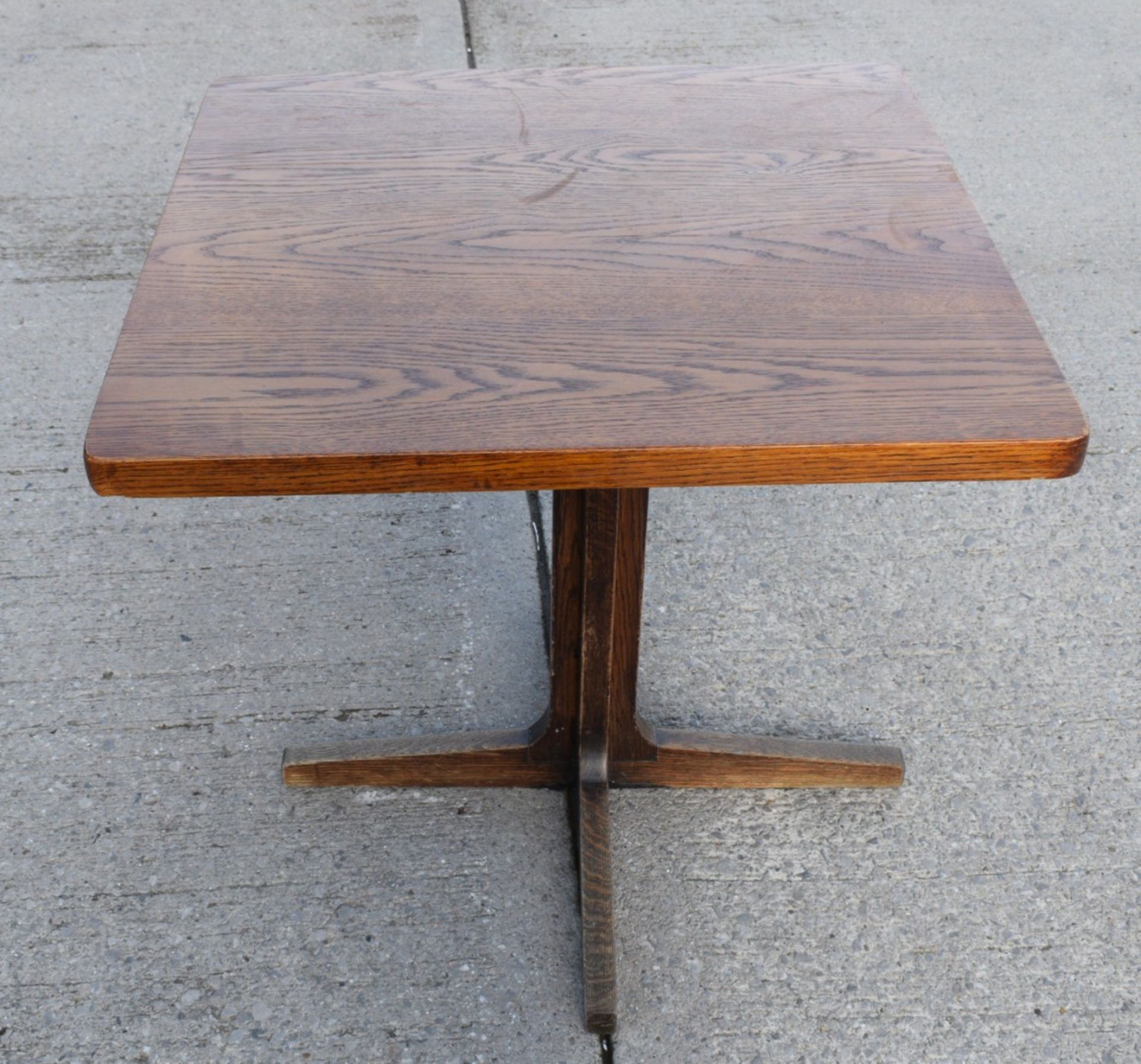 1 x Restaurant Dining Table - Oak Top with Wooden Cross Leg Pedestal Base - Dimensions: H70 x W70 - Image 2 of 5