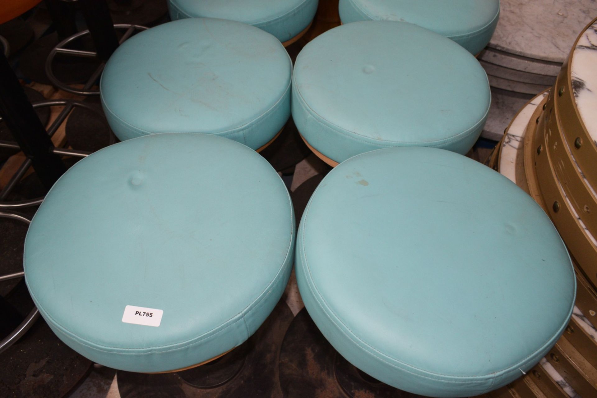 6 x Low Bar Stool Featuring Round Turquoise Leather Seats - Dimensions: H57 x W40 cms - Image 6 of 6