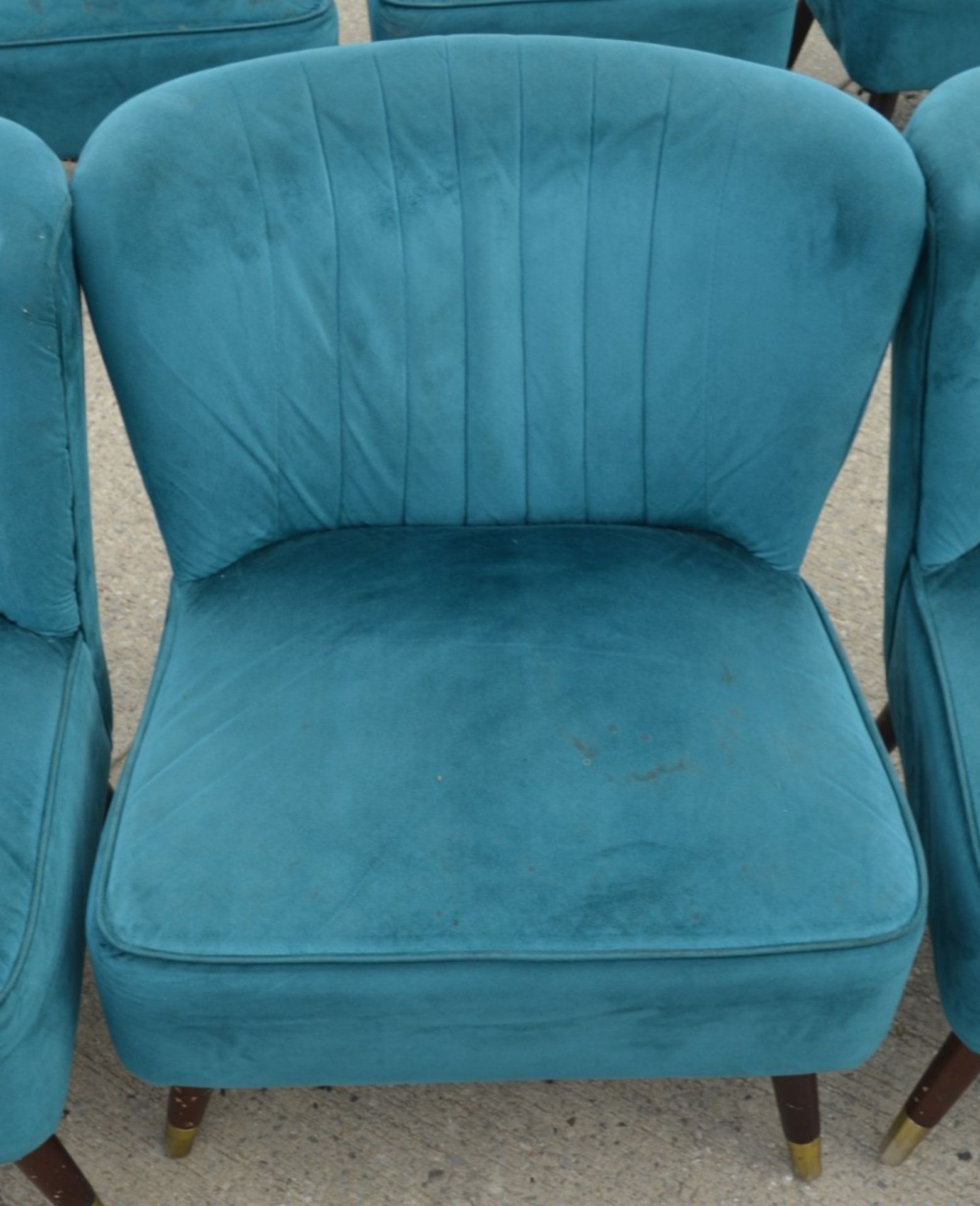 3 x Contemporary Velvet Cocktail Chairs in Teal with Tapered Wooden Legs and Brass Feet - Image 6 of 7