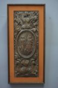 Richly sculpted, framed bas-relief with special heraldic features, centrally two figures holding a