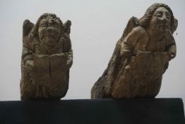 Pair of unusual oak consoles, rare architectural elements, each with a heraldic figurative